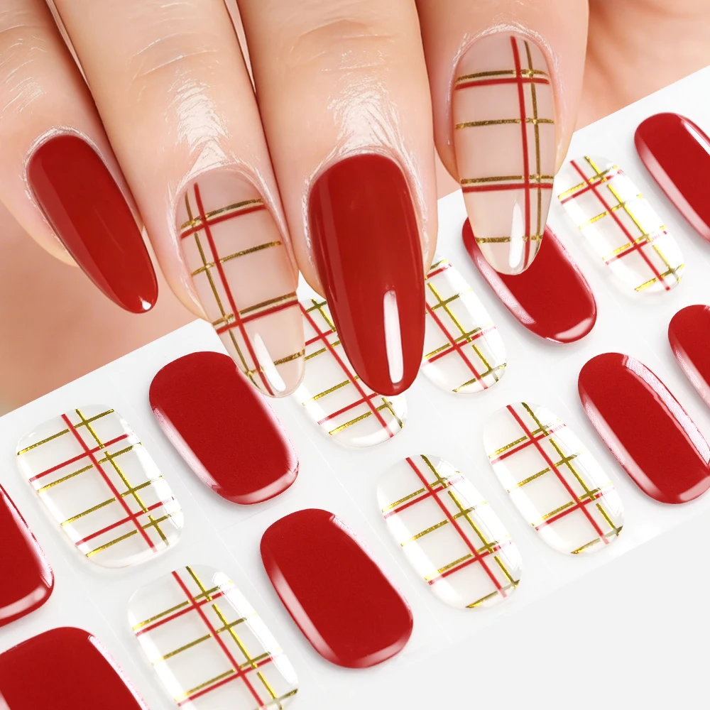 16Tips Wine Red Plaid Semi-Cured Gel Nail Stickers Gold Rose Heart Star Grid UV/LED Nails Wraps Valentine's Day Manicure Decals
