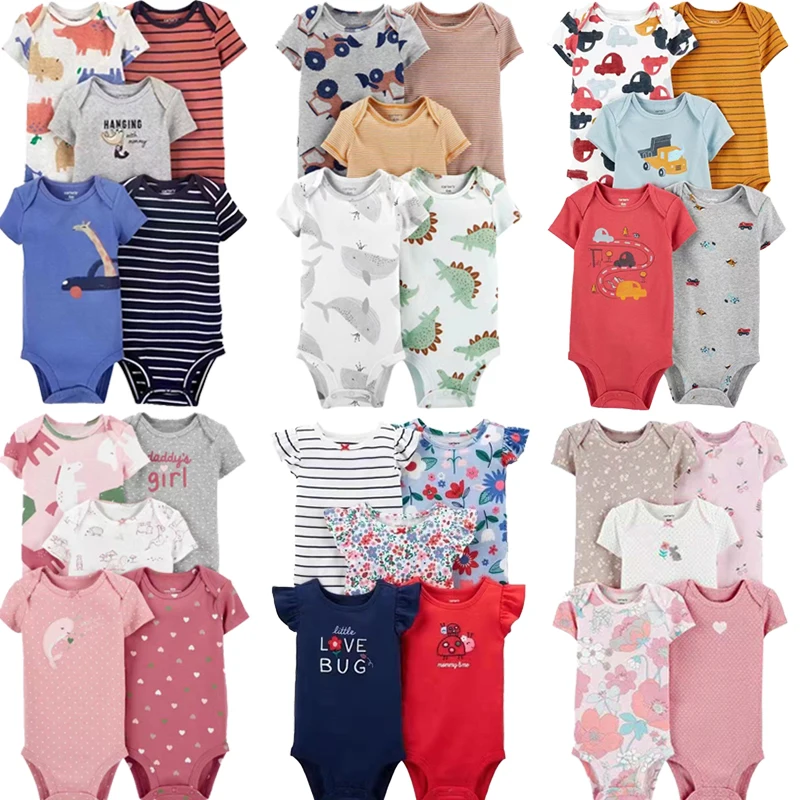 New Cartoon Baby Boys Girl Bodysuits 5Pcs Short Sleeve Stripe 100% Cotton Baby Clothes Newborn Body Bebe Jumpsuit Clothing 6-24M