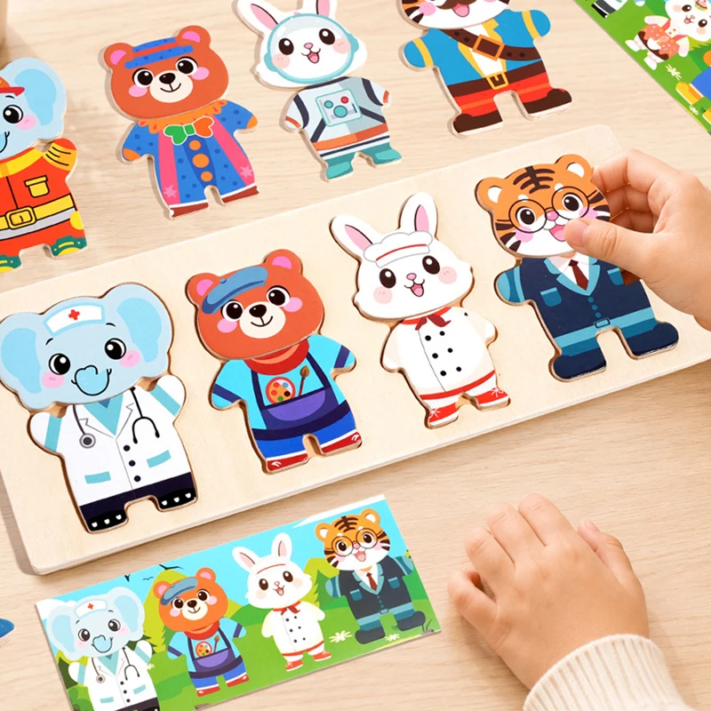 Wooden Animal Dress-Up Puzzle Montessori Toys Children Sorting & Matching Educational 40 Pieces Mix Toddlers Change Clothes Game