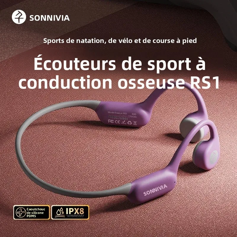 SOUNDIVY RS1 écouteurs à Conduction osseuse Bluetooth sans fil 32GB mémoire IPX8 étanche natation et course sport écouteurs