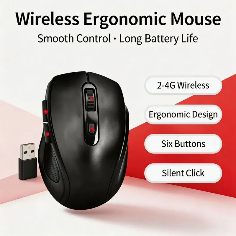2.4G Wireless Ergonomic Mouse Mini Lightweight Optical 6 Keys Mice 3D Anti Slip Roller DPI 800-1600 For Office Laptop Tablet PC