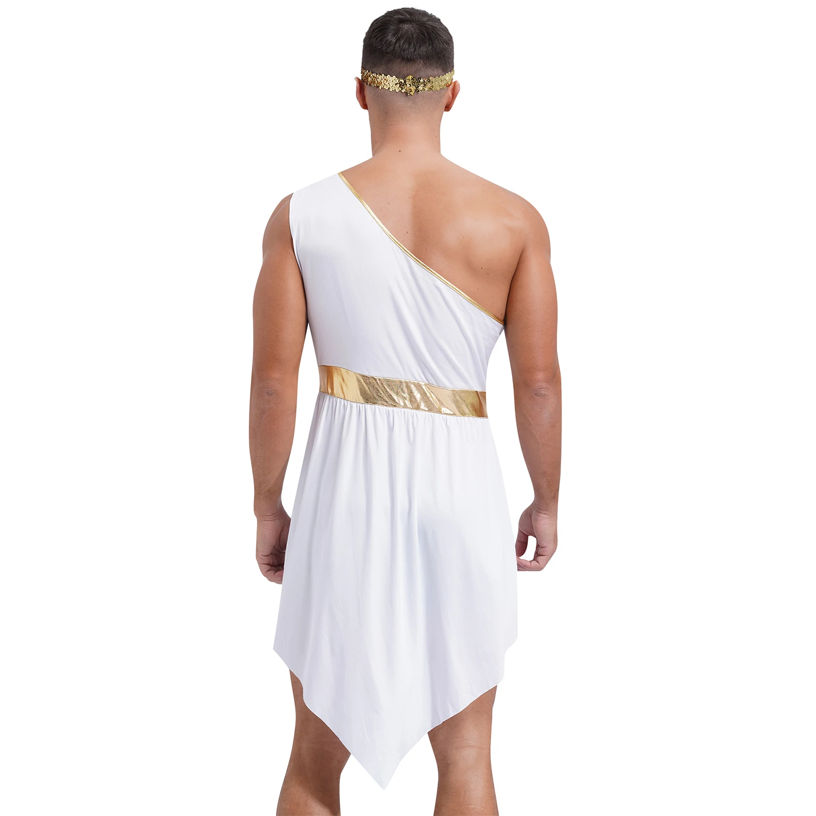 Mens Ancien Greek Roman Toga Costume Athenian Role Play Color Block One Shoulder Irregular Hem Tunic Robes with Sequin Headband