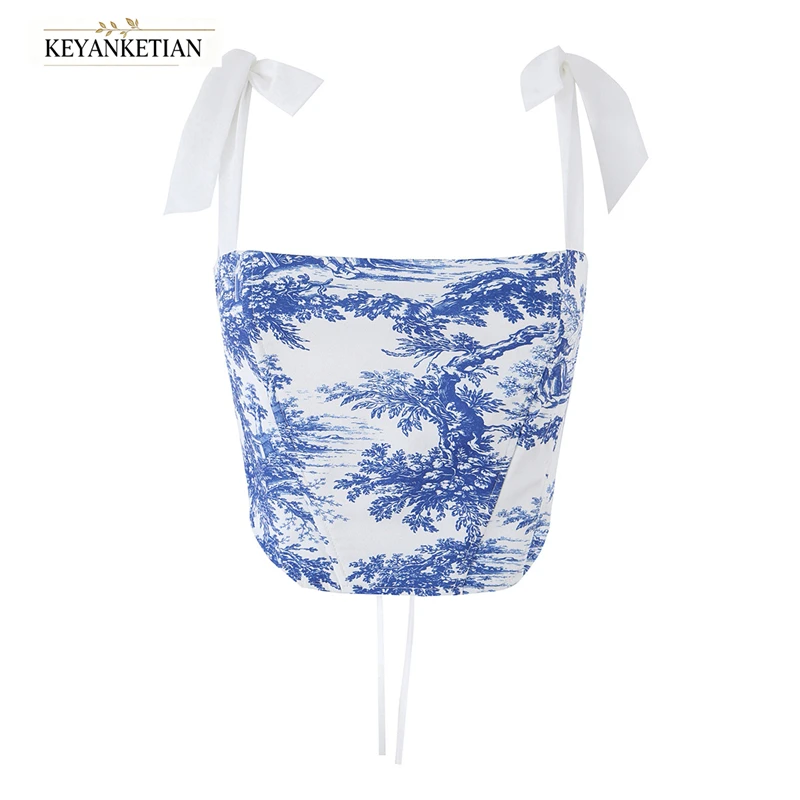 KEYANKETIAN Countryside Print Corset Cami Top White Base Self Tie Ribbon Shoulder Bow Back Lace Up Curved Hem Slim Crop Blouse
