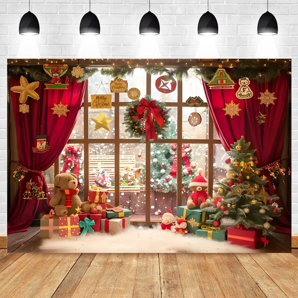 Fotografia di natale sfondo albero di natale regalo giocattolo finestra porta in legno ritratto per bambini festa in famiglia foto sfondo Decor