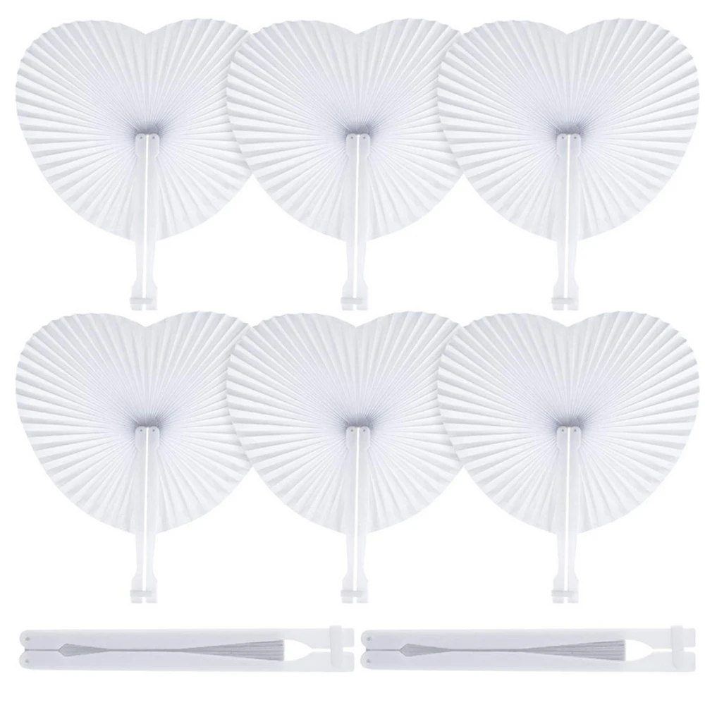 1PC White Folding Handheld Paper Fans Round Shaped Heart Shape Fans With Plastic Handle For Wedding Birthday Party Supplies