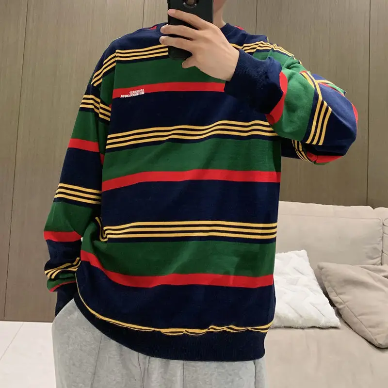 2023 New Spring and Autumn Fashion Trend Simple Round Neck Stripe Panel Contrast Loose Relaxed Korean Versatile Men's Sweater