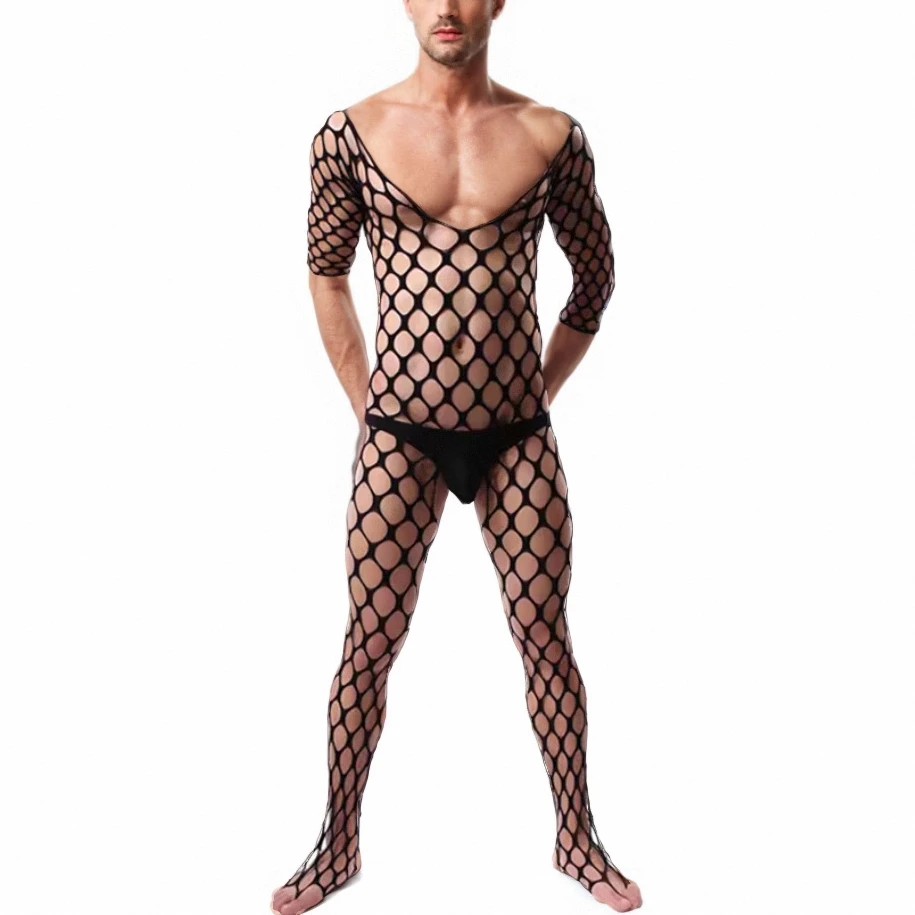 Male Mesh Pantyhose Boyfriend Sleepwear Gentlemen Movie Star Nightgown Husband Pajamas Men\'s Fetish Bodysuits Guy Bodystockings