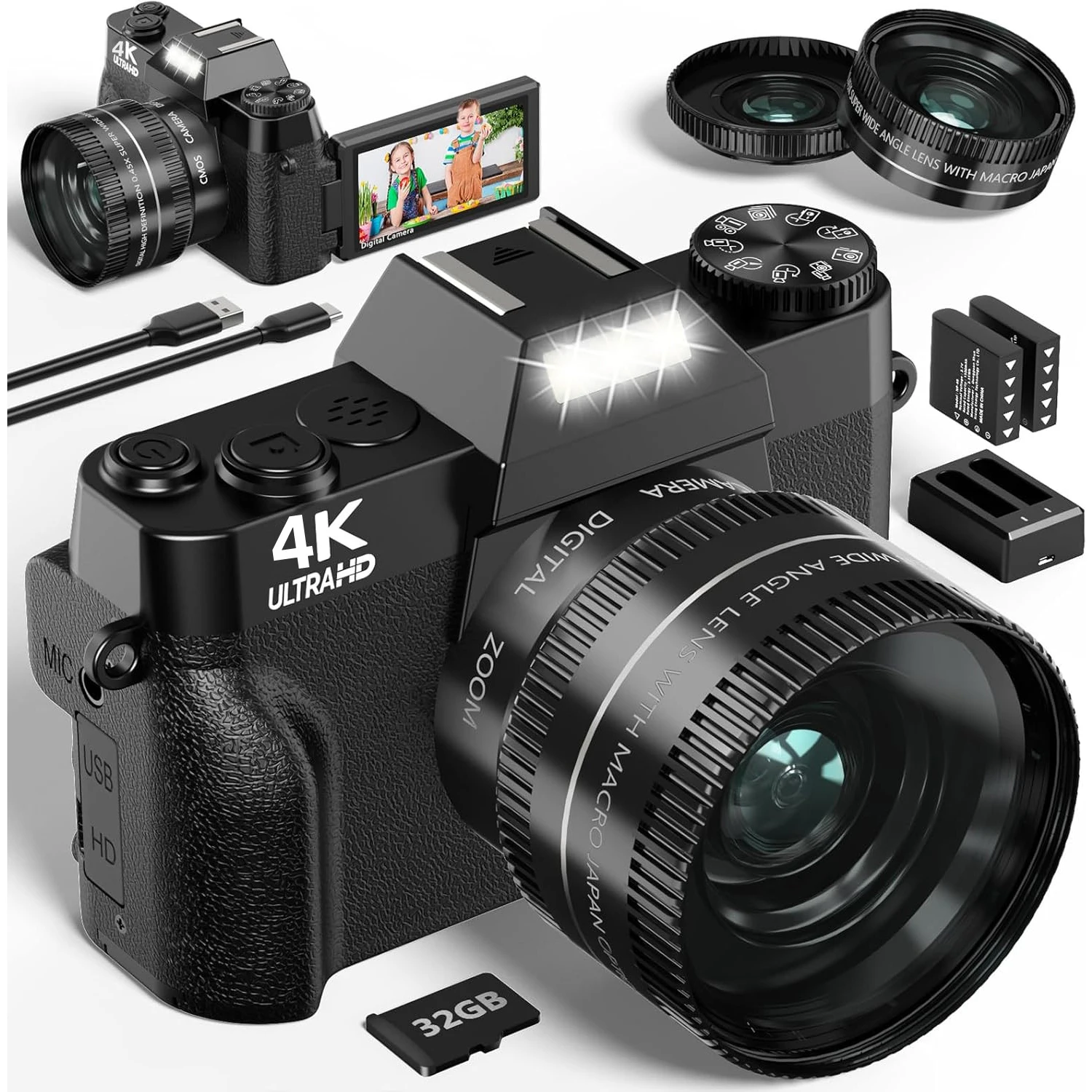 4K Digital Camera for Photography 16X Digital Zoom Vlogging Camera for YouTube 64MP WiFi Auto Focus Video Camera 3