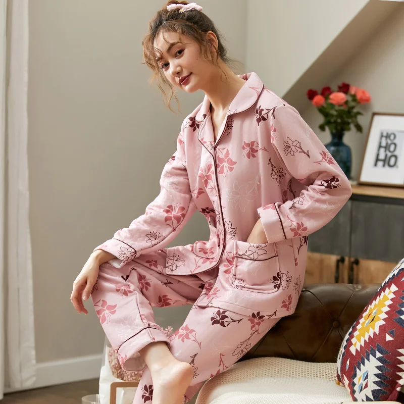 

Warm Female Pajamas Three-Layer Quilted Autumn Winter Sleepwear Set Thicken Air Cotton Casual Women Home Clothes Cardigan Pijama