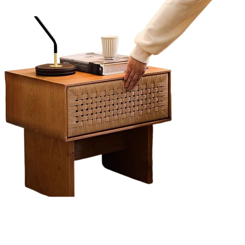 

wabi-sabi wind solid wood rattan bedside small cabinet, homestay furniture retro style bedroom simple storage cabinet