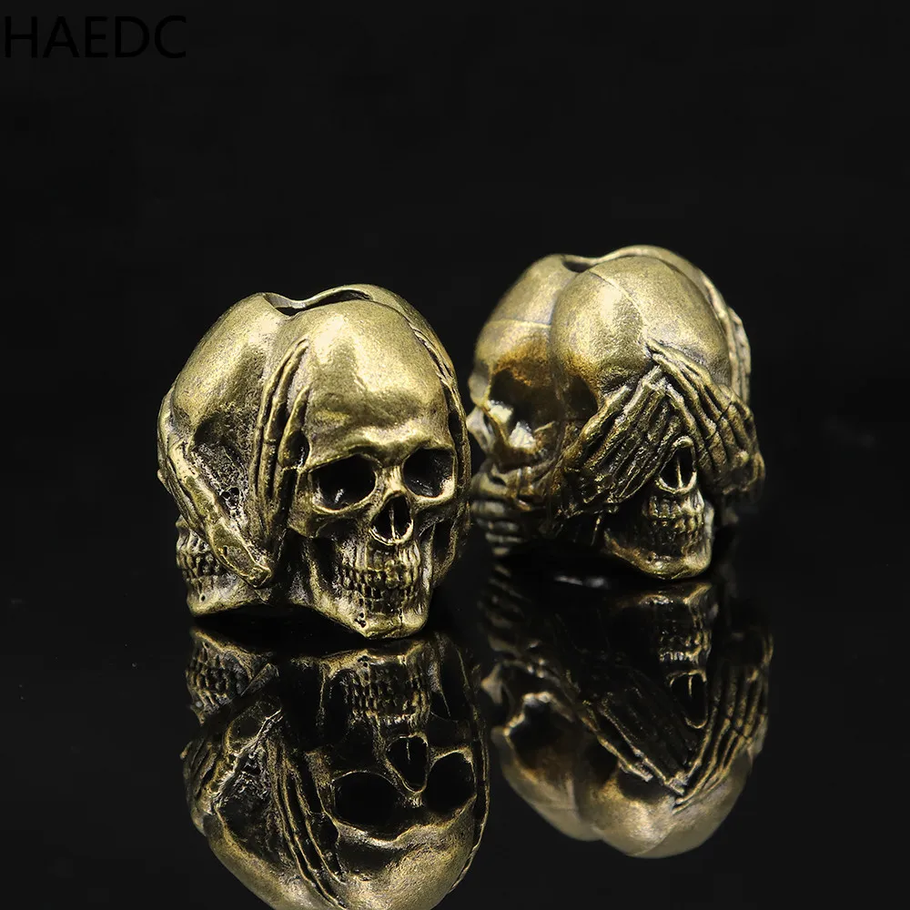 HAEDC Retro Brass Skull Old EDC Tool Paracord Beads Bag Hanging Pendant Keychain Accessory