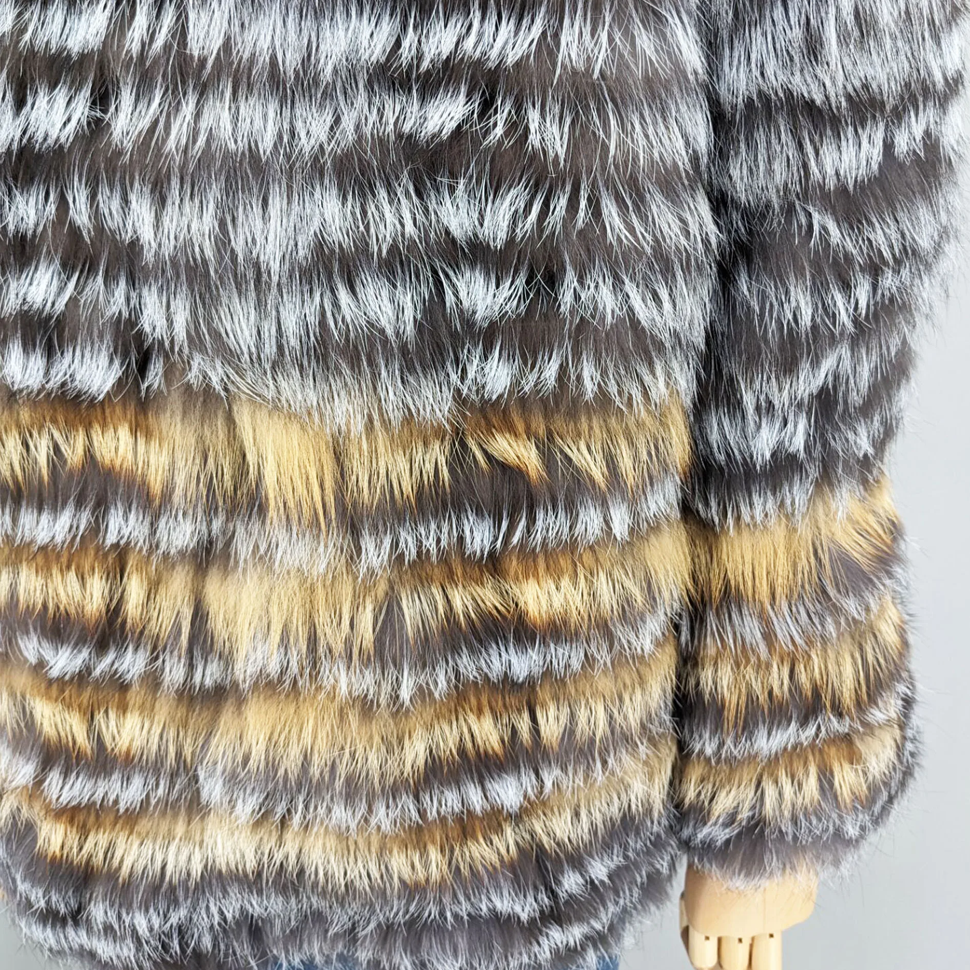 Lady Striped Real Silver Fox Fur Coat Short Jacket Spring Autumn Luxury Elegant Big Size Clothes Luxurious With Fur Collar 2107