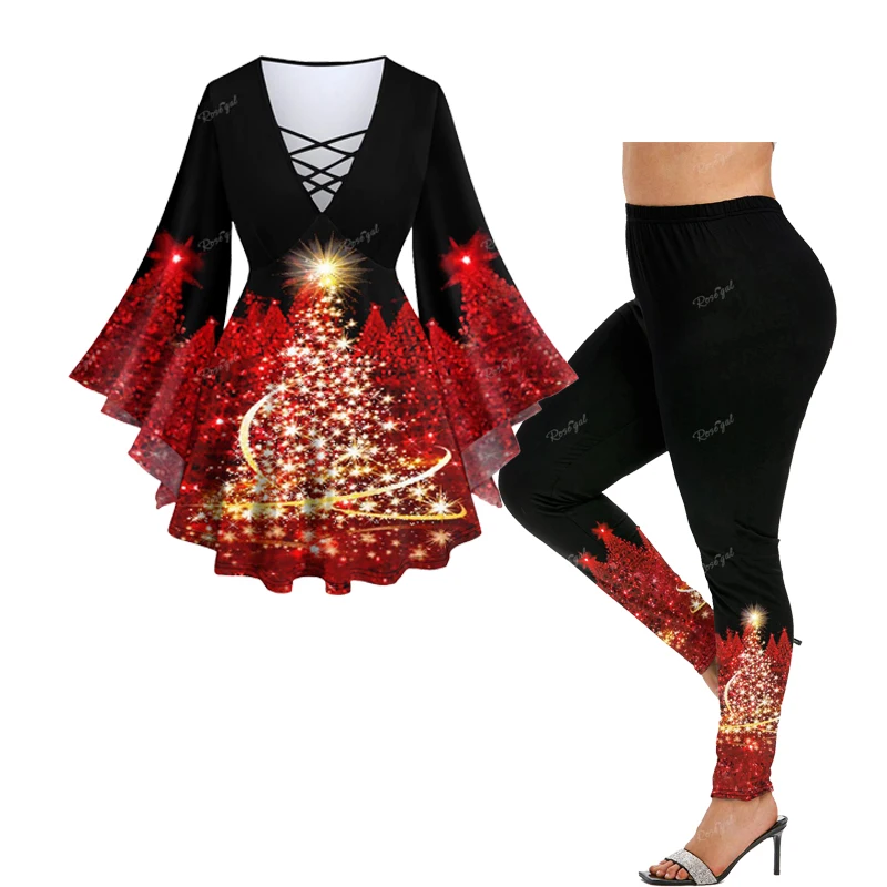 Plus Size Christmas Outfits T-shirt Leggings Women Matching Set 3D Printed Sparkling Glitter Lattice Crisscross Top Pencil Pants