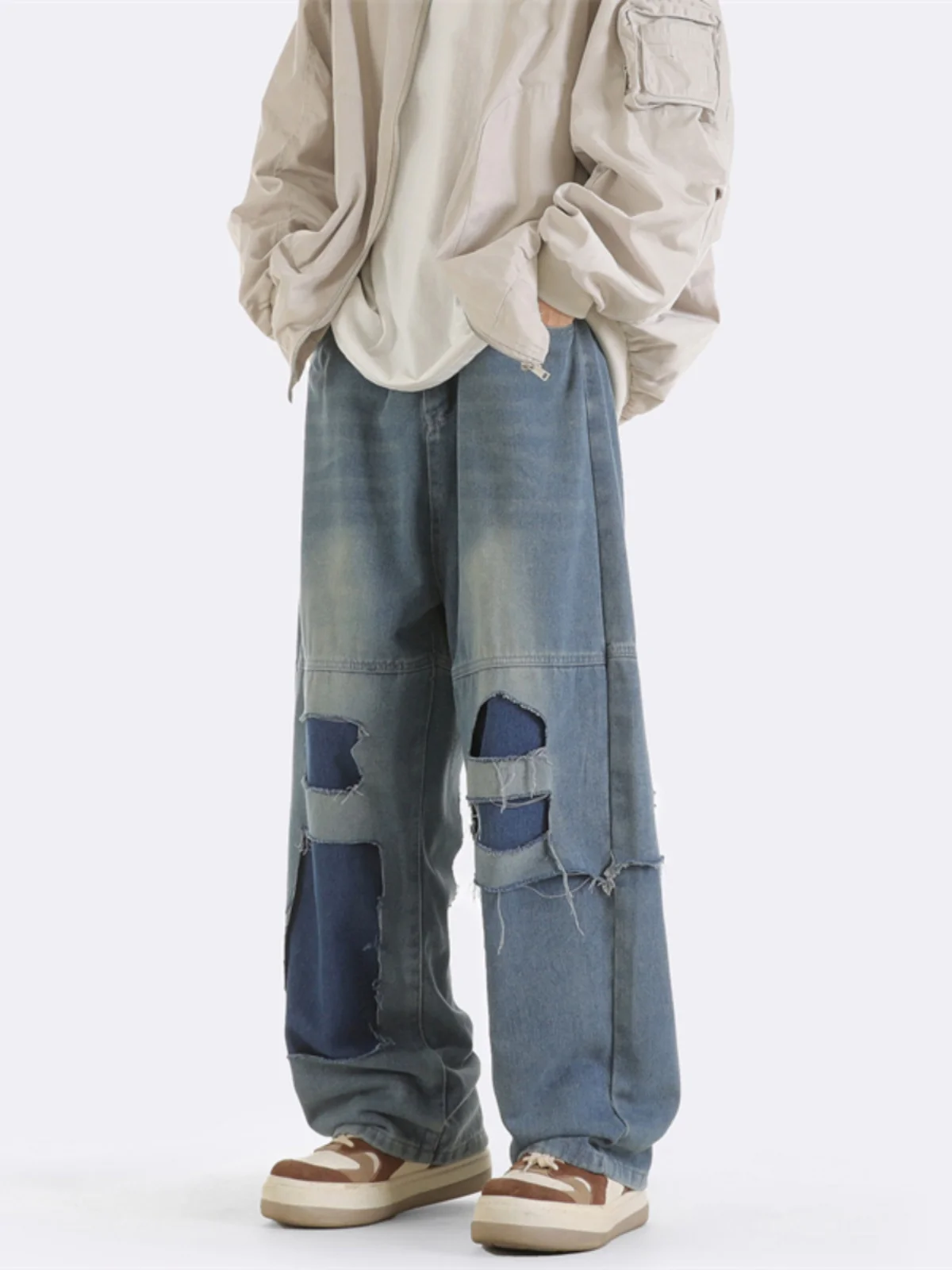 

Retro Hip Hop Men's Jeans with Patch Dad Pants Loose Straight Leg Long Trousers Street Style Autumn Fashion Casual Jeans