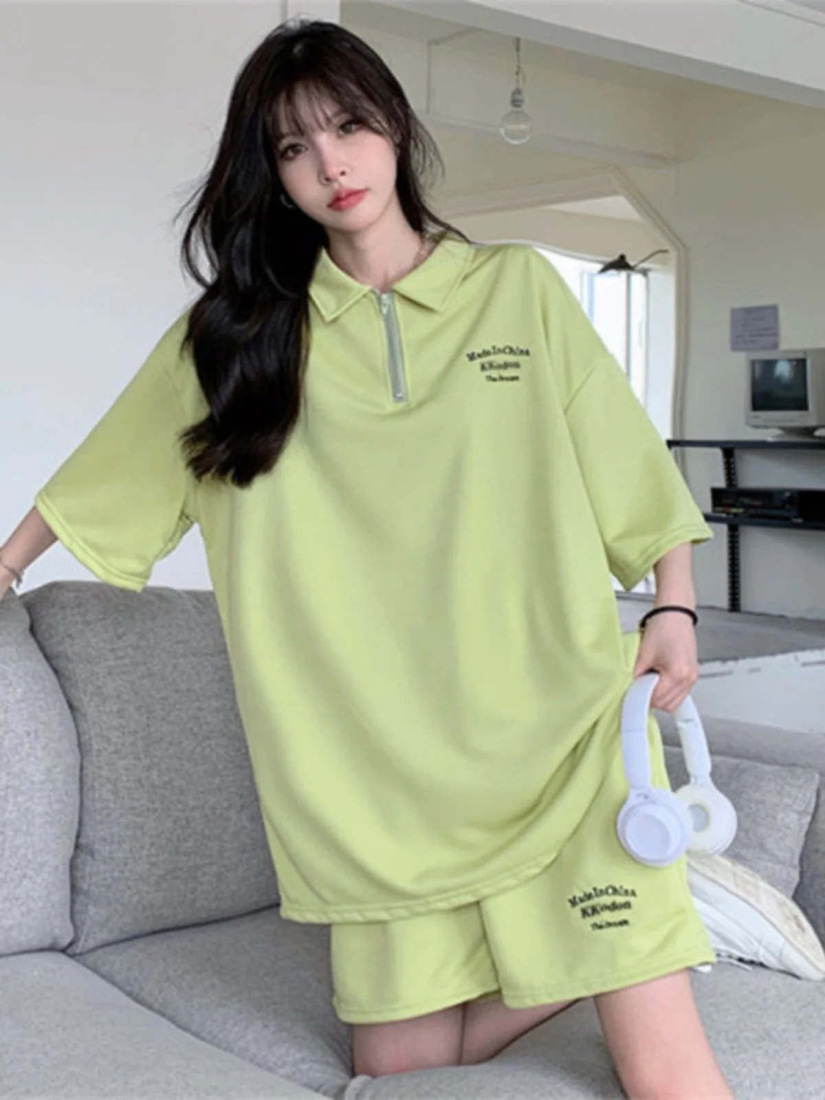 

Street Style Casual Set Women Summer Loose Letter Shirt Half Zip T-Shirt Vintage Shorts Student Two Piece Set Cotton Blend