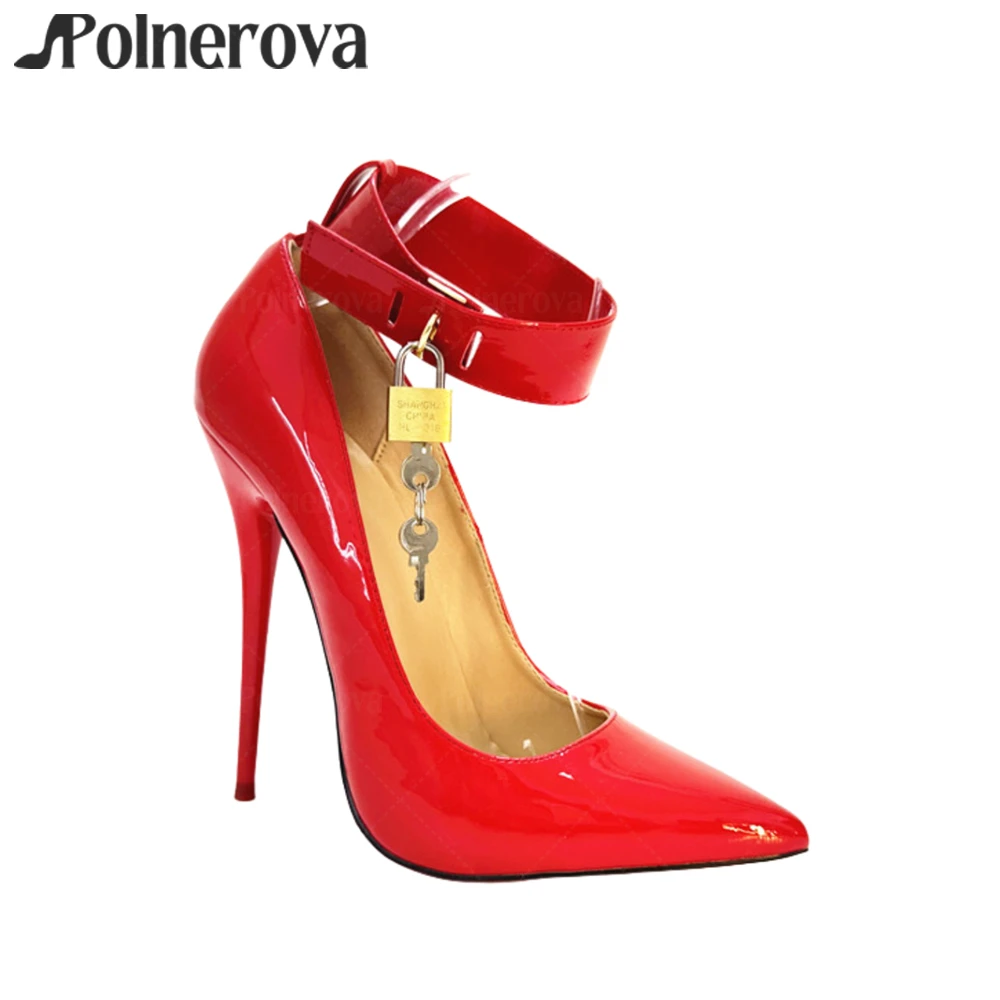 Sexy Pointed Lock Pumps Ankle Strap Buckle High Heels Metallic Lock 16cm Lacquered Heel Pumps Custom Multicolor Patent Leather