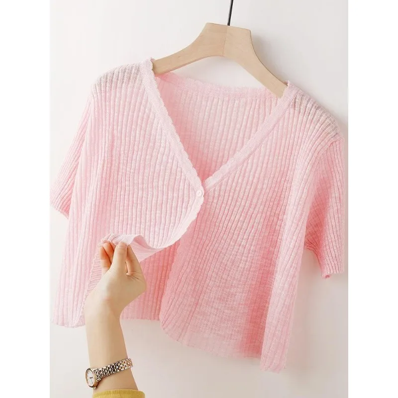 Ice Silk Knitted Cardigan Women\'s Summer Thin Short-sleeved Outer Wear Sun Protection Short Versatile Simple Commuter Top