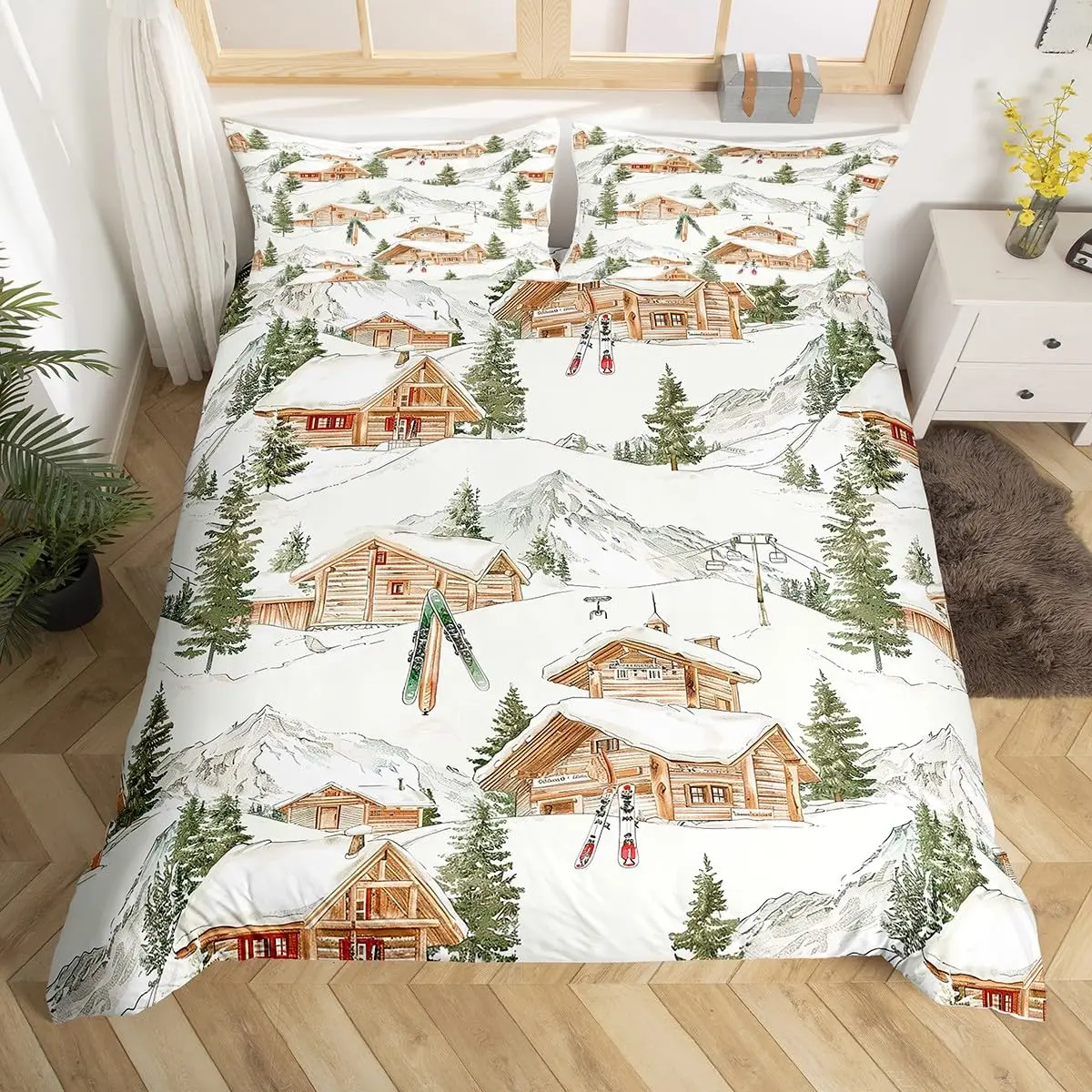 Lodge Cabin Duvet Cover Set Queen,Snow Mountain Retro Wooden Farmhouse Bedding Set,Winter Ski Sport Rustic Style Comforter Cover