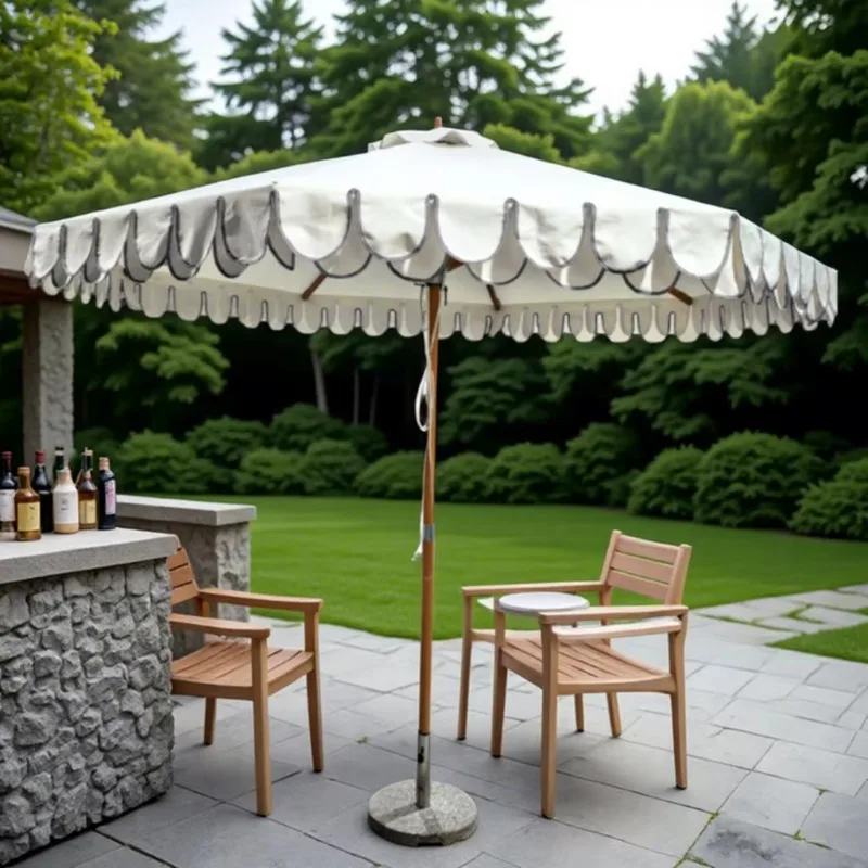 

Lu-xury Commercial Grade Patio Fringe Parasol Rope & Pulley System Bali Wooden Garden Umbrella With Scalloped Valance White Trim