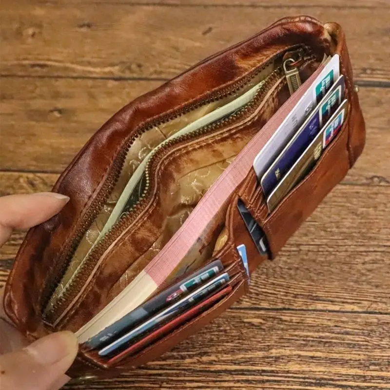 340D Handmade Bifold Purses Top Layer Cowhide Wallet Multi-card Soft Bag with Zipper for Boyfriend Halloween