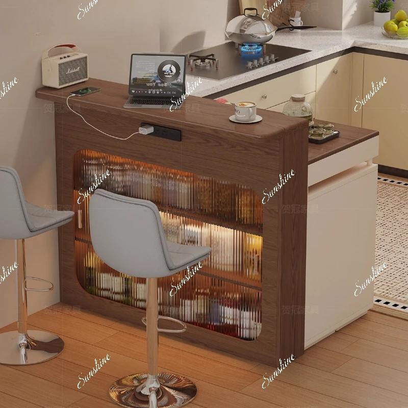 

Open kitchen bar island table dining table integrated medium and ancient style small apartment solid wood living room partition