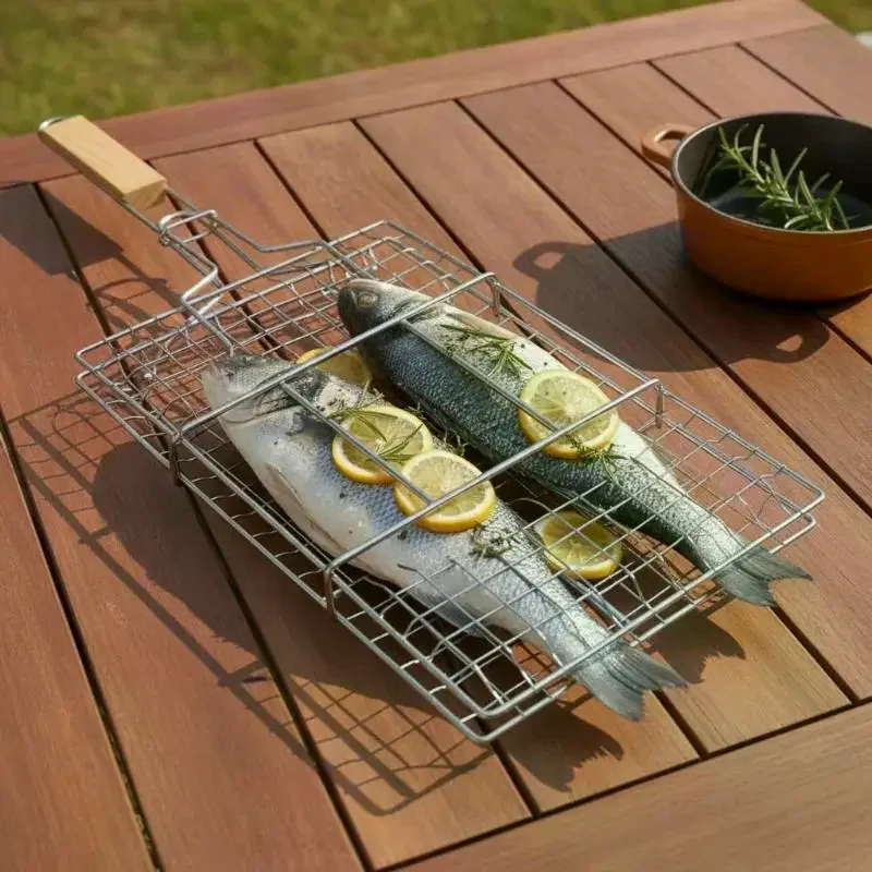 Foldable BBQ Grill Net For Hamburger BBQ Solid Ferroelectric Plating Heat-Resistant Wooden Handle For Outdoor Barbecue