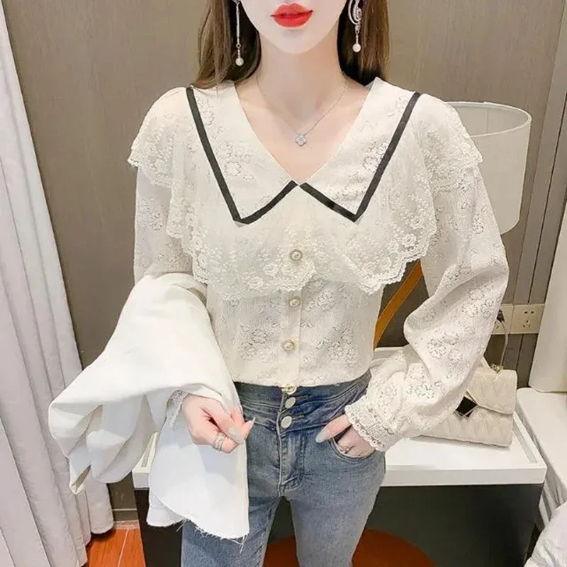 Vintage Long Sleeve Lace Blouses Shirts Women 2024 Autumn Winter Elegant White Blusas Casual Korean Clothes Ladies Tops Mujer