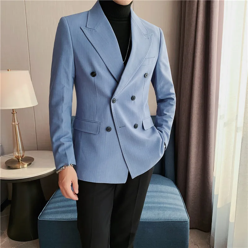 

2022 British Style Men Blazers Double Breasted Stripes Casual Suit Jacket Wedding Business Dress Coat Social Banquet Tuxedo 3XL