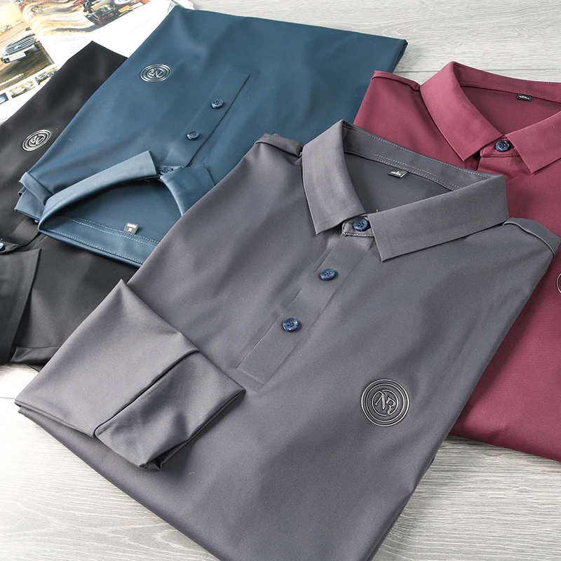 

Silky Sl Laser Cut Long Sve irt T-irt for Men Busin Commute Pure Color Autumn Season Thin Stand Fit