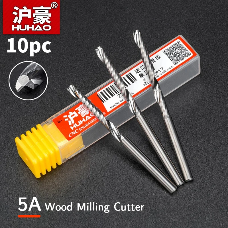 HUHAO 10pcs/lot 3.175mm CNC Wood Cutter Single Flute Spiral Cutter Router Bit CNC End Mill For MDF Carbide Milling Cutter Tools