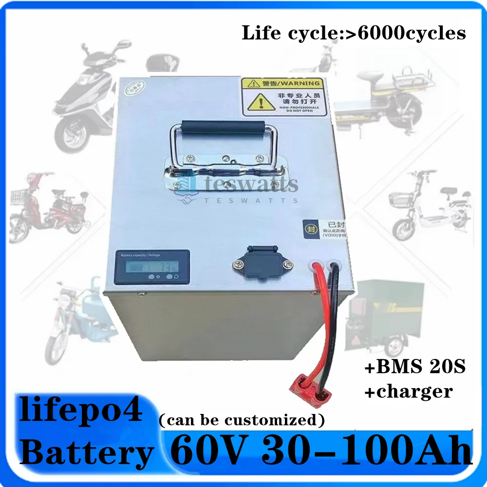 Lifepo4 BMS 20S 60V 30Ah 40Ah 50Ah 60Ah 70Ah 80Ah 90Ah 100Ah Lithium Battery for 3000W Rickshaw Scooter Bicycle Motorcycle