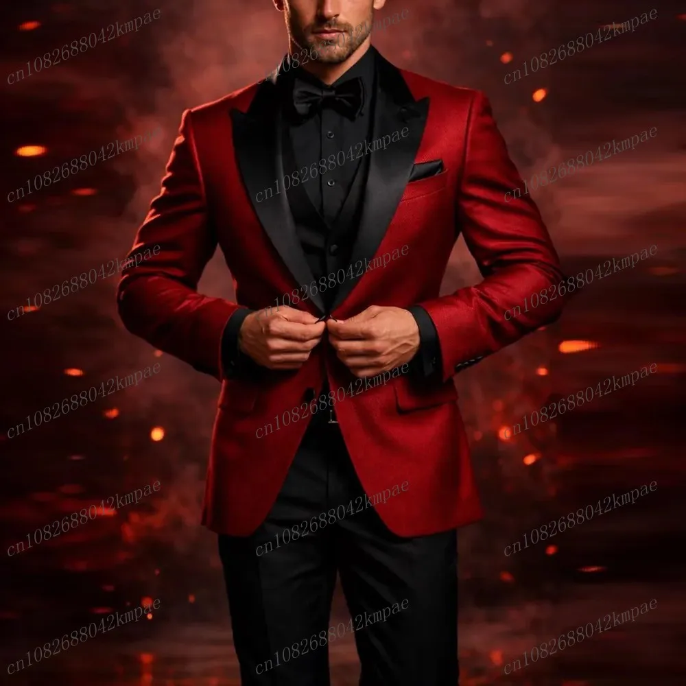 

Red And Black New Men Suit Formal Groom Groomsman Wedding Party Prom Business Male Tuxedos 3 Piece Set Blazer Vest Pants