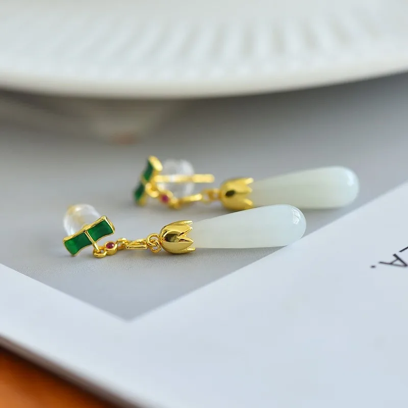 S925 Silver Inlaid With Hetian Jade, Cylindrical-Shaped Enamel , New-Style Vintage Earrings Accessories