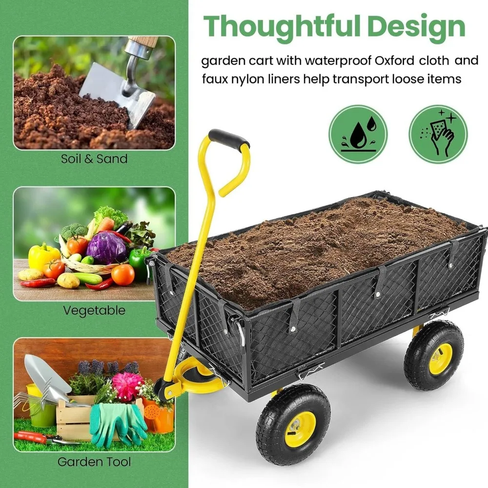 Homdox MAX 880 Lbs Garden Cart, Heavy Duty Foldable Mesh Steel Garden Wagon with 180° Rotating Handle and 10 Inch Tires, Pullabl