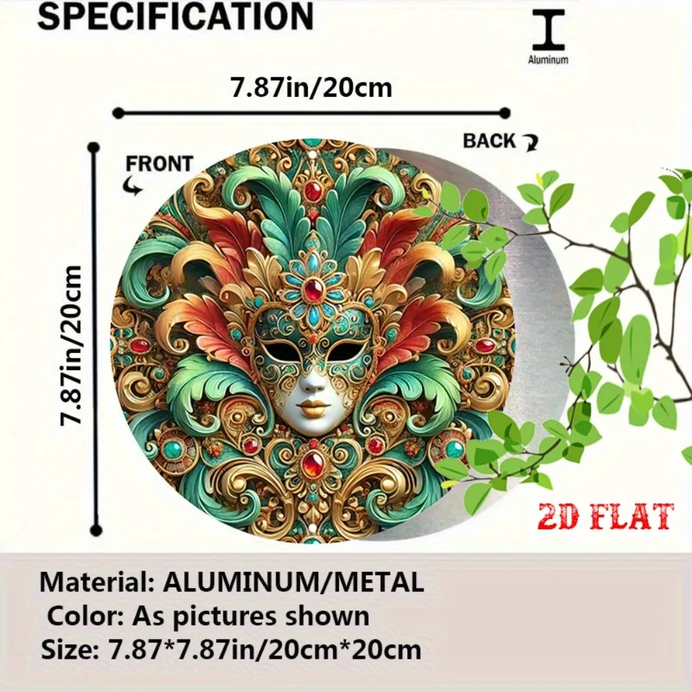 Venetian Mask Round Aluminum Sign Wall Art - 7.87inch Rustic Metal Wall Decor with Bright Feather Embellishments