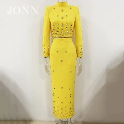 JONN 2024 New Women's Yellow Luxury Diamond Crystal Decoration High Neck Open Navel Top Long Dress Sexy 2-Piece Set