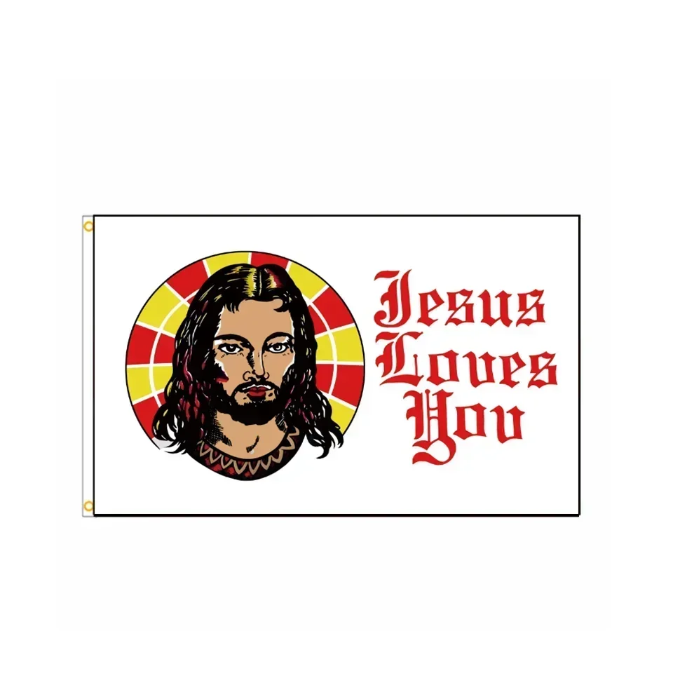 Jesus Christian Banner 90x150cm Polyester Outdoor Hanging Flag for Church Home Decor, Inspirational Gift Loves You Faith Durable
