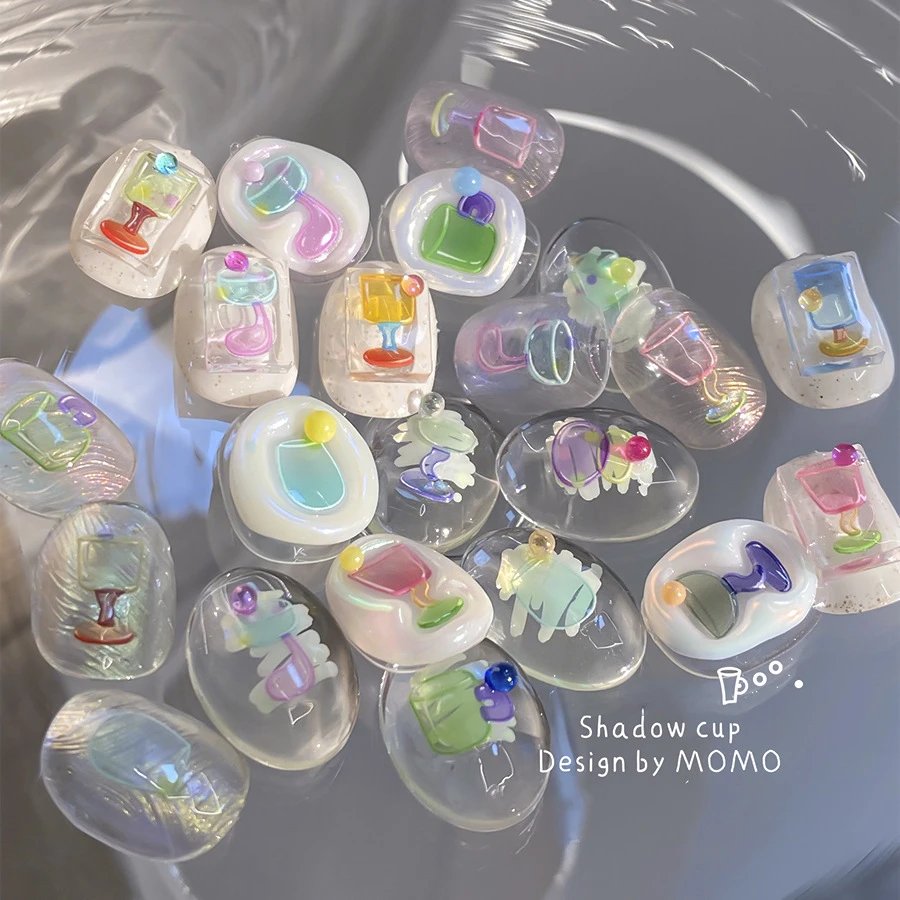 Jelly Colorful Crystal Clear Water Cup Wine Glass Dreamy Summer Beach Sea Soft Relief Decoration Nail Art Sticker Manicure Decal