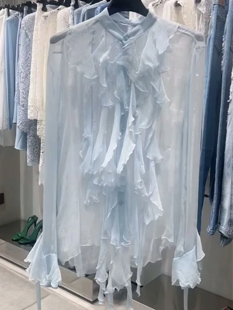 

2025 New Fashion Elegant Ruffle Shirt Female Summer Fairy Chic Blue Sunscreen Long Sleeve Top Korea Casual Solid Ruched Blouses