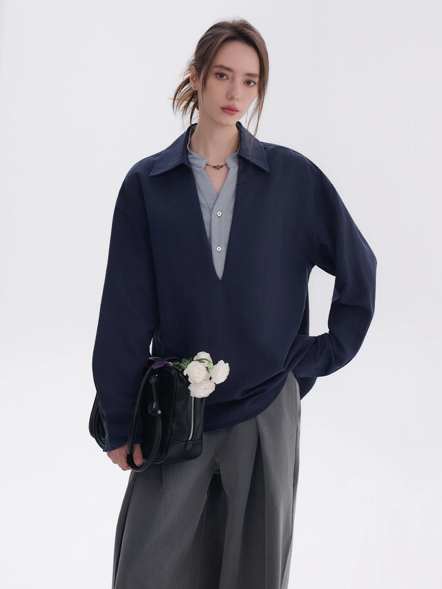 

Fashionable Casual Long Sleeve Women's Shirt Double Collar Fake Two-Piece Lenzing Lyocell Standard Fit Breathable Cotton Blend