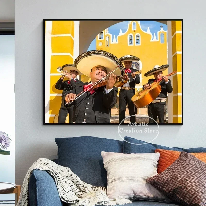 Mexico City Travel Poster Humanistic Landscape The Four Mariachis Trumpet Canvas Painting Prints Pictures Wall Art Home Decor