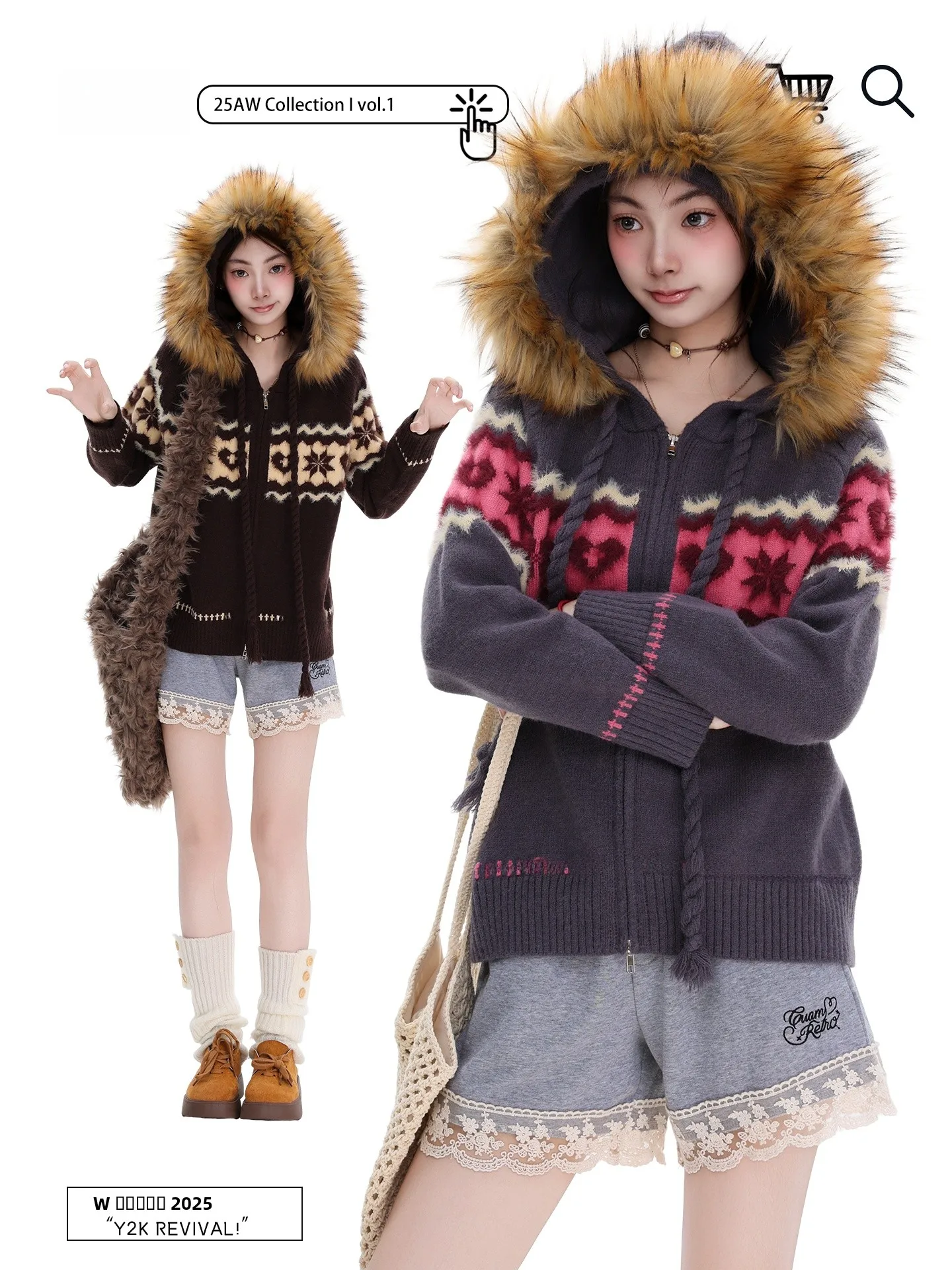 

Вязаный кардиган PBB в американском ретро-стиле, женский, с узором «Ферр-айл», цветной, с сердечками, на молнии, свободного кроя, для уличного стиля