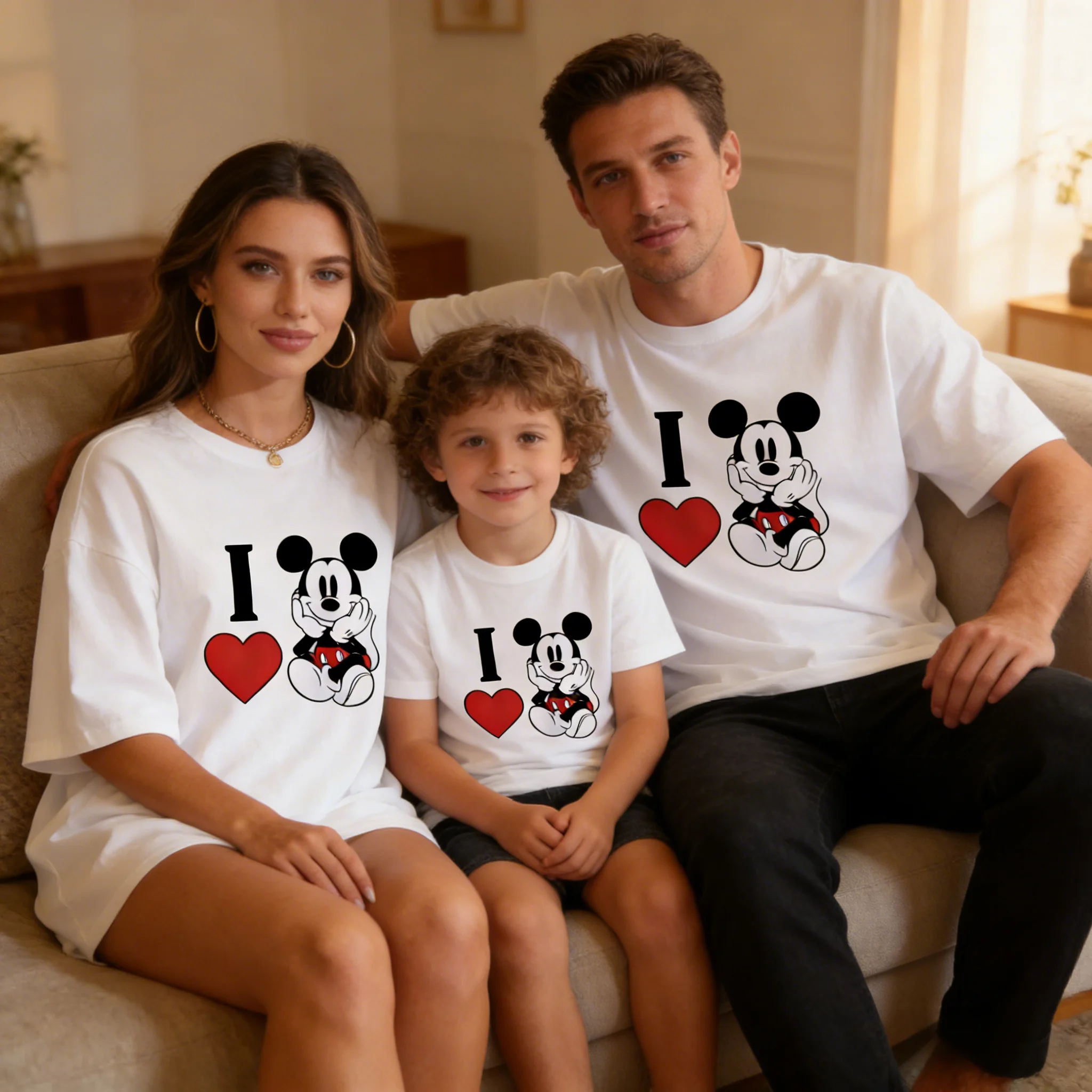 

Лето 2026, футболка с рисунком Микки Диснея, костюм для родителей и детей, высококачественный хлопковый повседневный топ унисекс с короткими рукавами, свободный мягкий забавный топ