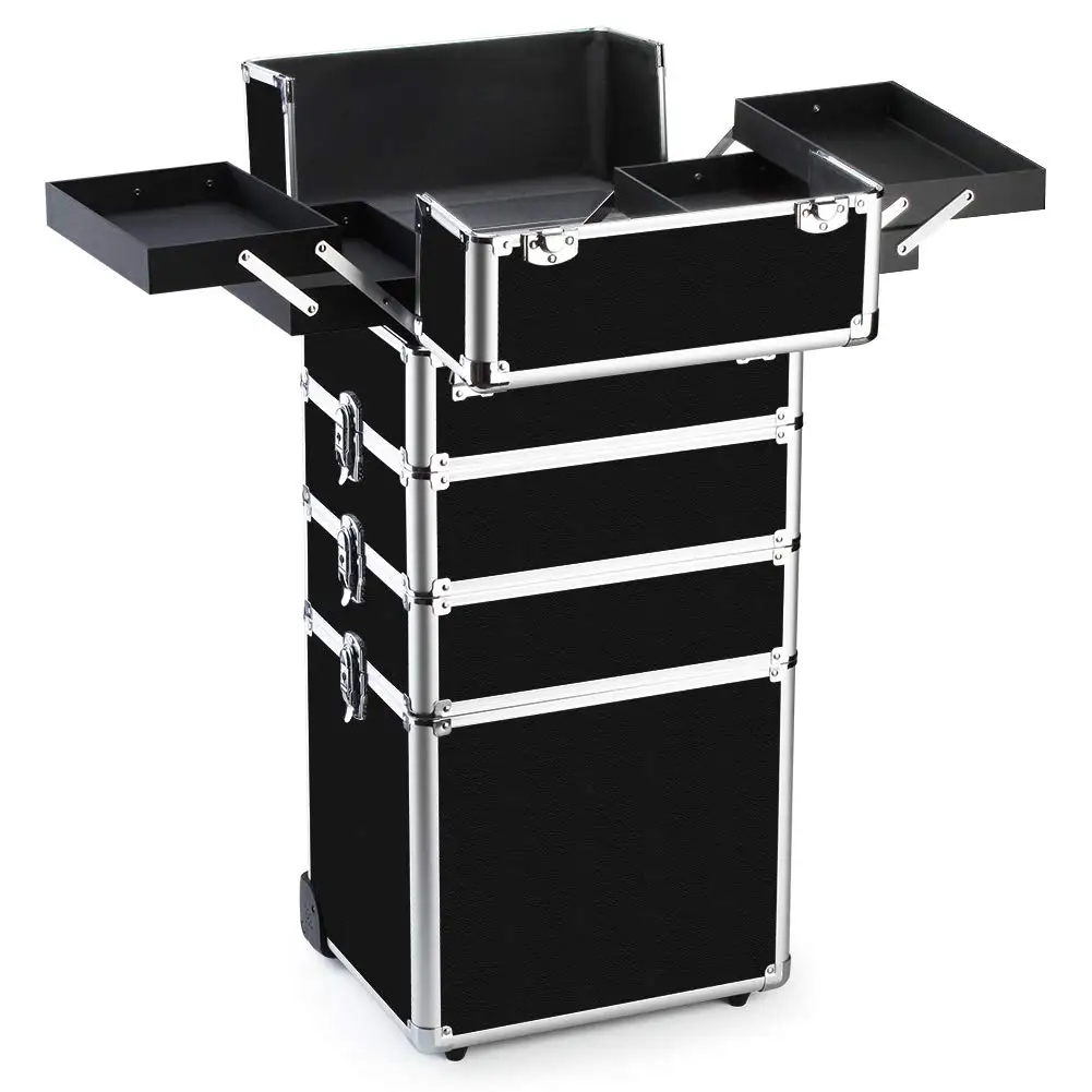 

Makeup Train Case 4 in 1 Professional Cosmetics Rolling Organizer Aluminum Frame and Folding Trays