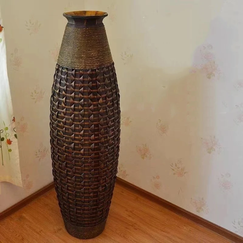 

American retro handmade bamboo vase rattan flower glass flower arrangement dried flower basket