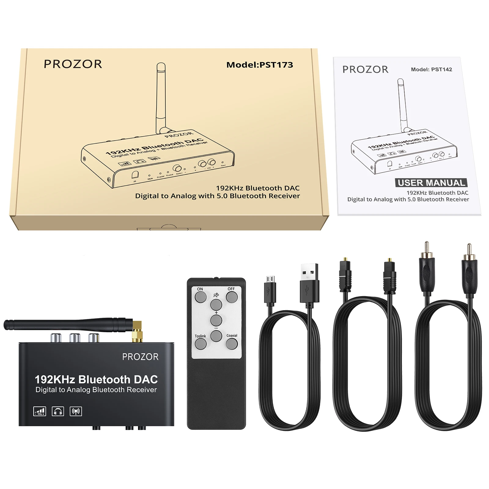 PROZOR DAC Converter Built-in Bluetooth-Compatible Receiver 192kHz DAC with IR Remote Control Digital Coaxial Toslink to L/R RCA