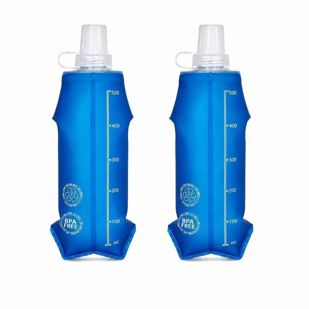 2 Pack Convenient TPU Collapsible Soft Water Bottles 500ml Leakproof Hydration Bladder Bag Lightweight Drink Containers Cycling