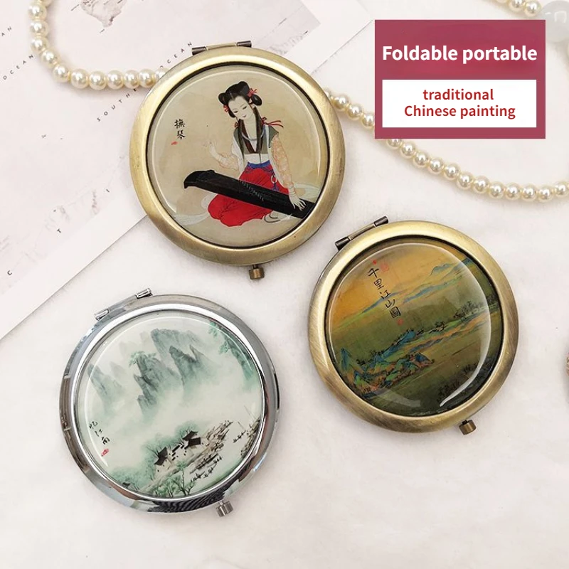 Foldable Portable Small Mirrors for Women, Chinese Painting, Vintage Retro Light, Luxury Metal Makeup, Mini Pocket Mirror, Gifts