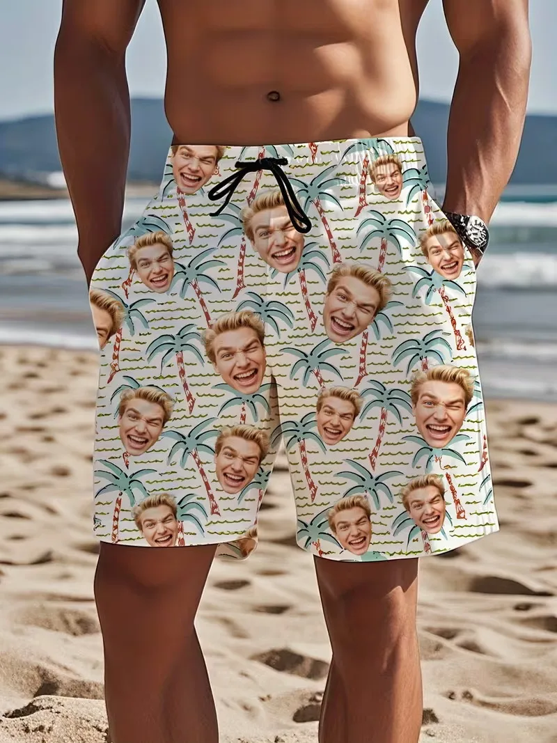 

Custom Face Beach Shorts For Men 3D Digital Print Surfing Hawaiian Shorts Quick-Drying Lightweight Comfortable Swim Trunks