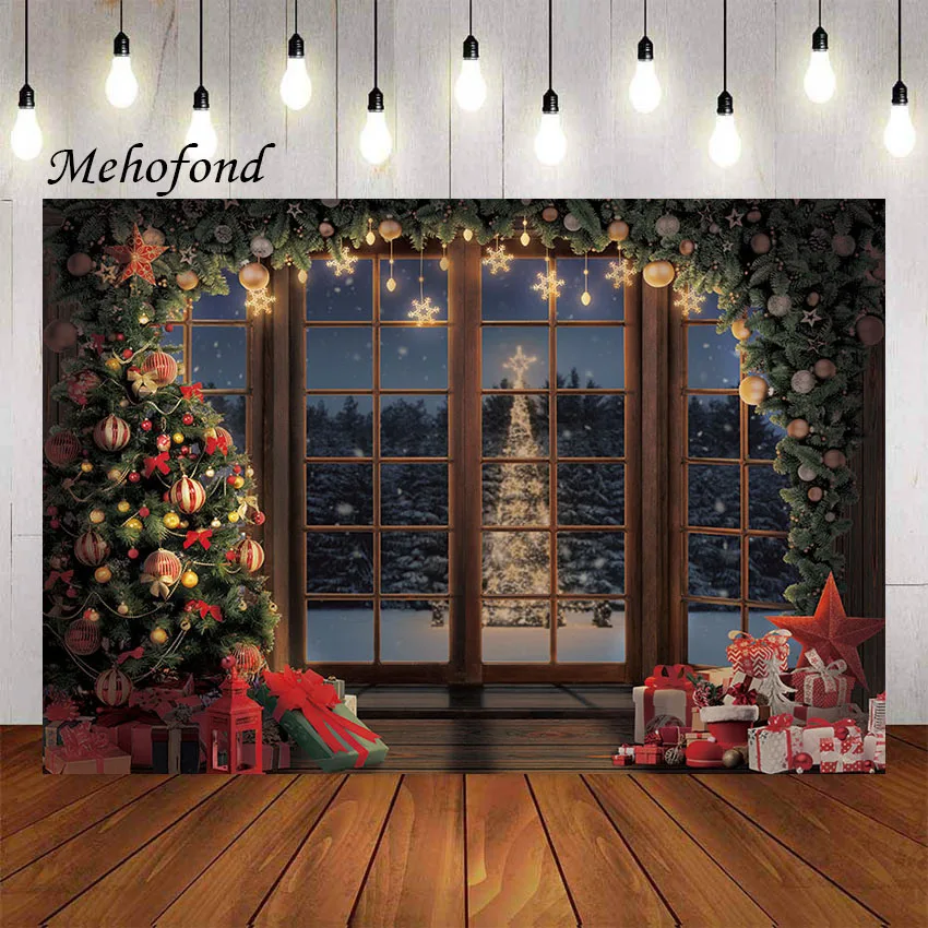 Mehofond Photography Background Christmas Window Winter Xmas Tree Gift Family Holiday Party Portrait Decor Backdrop Photo Studio